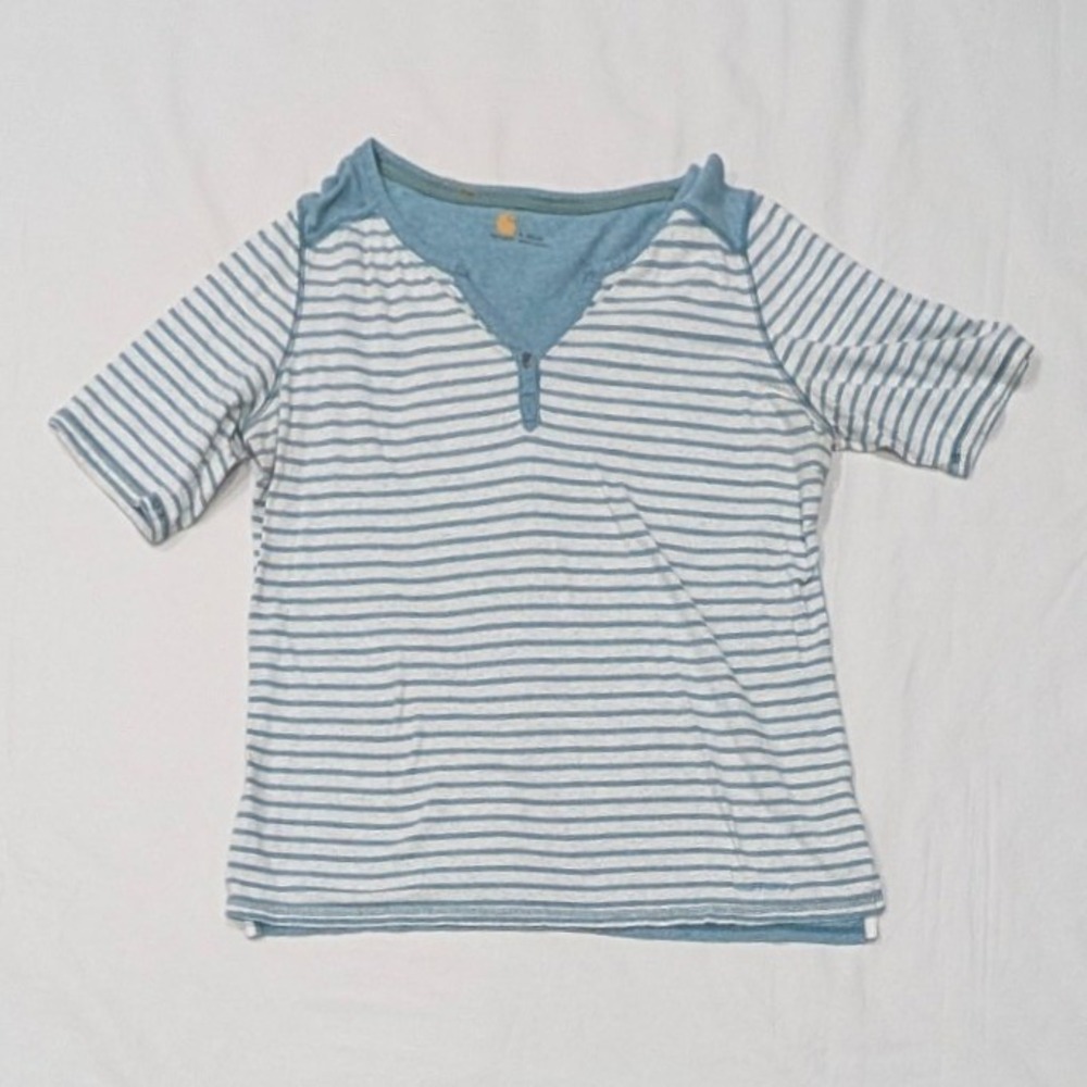 Carhartt Women's Blue White Striped Henley Short Sleeve Shirt Large